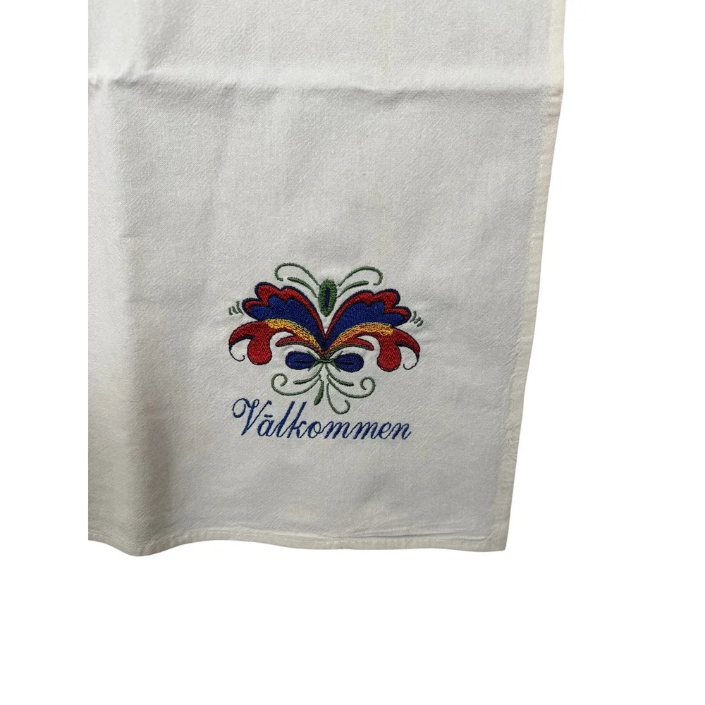 Scandinavian Theme Tea Towels White Embroidered Folk Art Valkommen 35